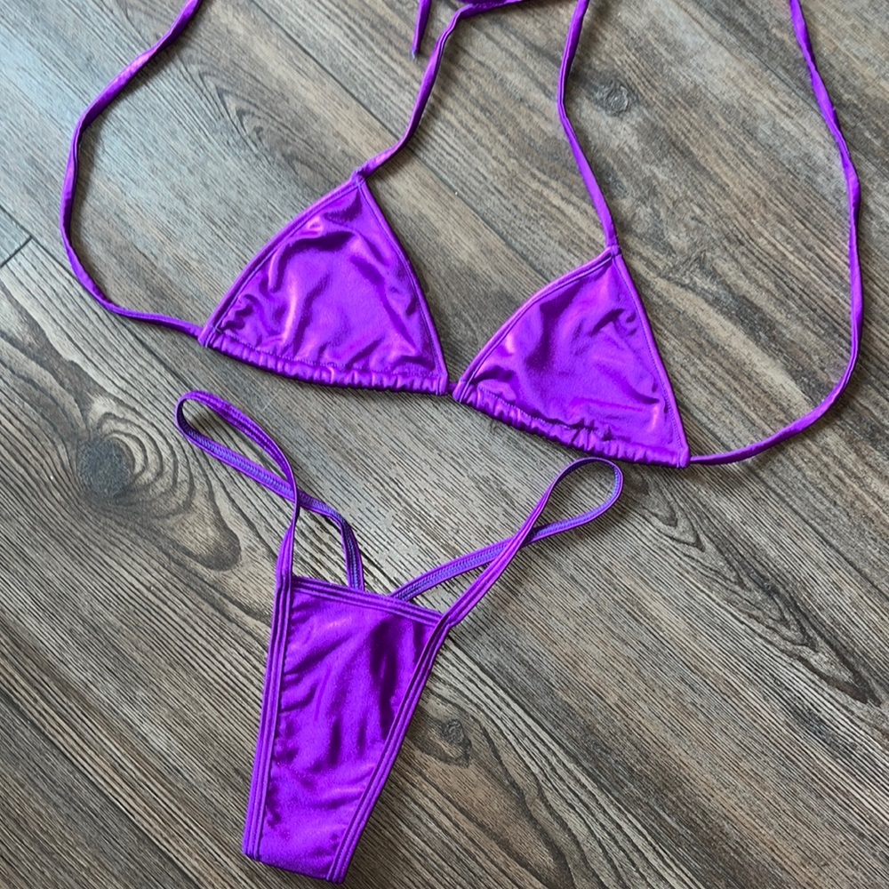 Lovers lane purple bikini set stripper outfit clubwear neon thong worn once